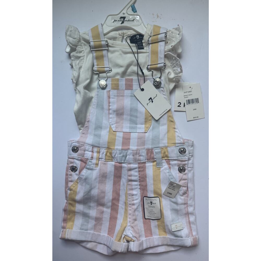 7 For All Mankind Girls 24M Striped Overall Shorts Set NWT Pastel